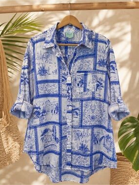 True Destinations Blue & White Toile Print 100% Cotton Button Front Shirt Medium